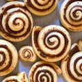 Cinnamon Rolls: Freshly Baked with Spices and Cocoa Filling Top View.