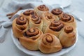 Cinnamon rolls with sugar frosting. With cinnamon sticks and spices, wooden background Royalty Free Stock Photo