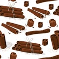 Cinnamon spice pattern. Seamless print of brown sticks of dried bark for baking, sweet aromatic culinary natural ingredient for