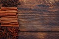 Cinnamon  star anise and cloves on a brown wooden background with an empty space Royalty Free Stock Photo