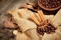 Cinnamon, star anise and coffee beans Royalty Free Stock Photo