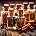 cinnamon, star anise, coriander, and anise, beautifully presented in glass bottles