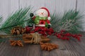 snowman Christmas figurine on a wooden bakgraund with a spruce branch Royalty Free Stock Photo