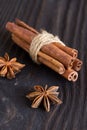 Cinnamon and star anise on a wooden background