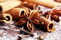 Cinnamon, staranise and cloves. winter spices on wooden background