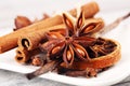 Cinnamon, staranise and cloves. winter spices on wooden table