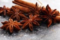 Cinnamon and staranise winter spices on rustic background