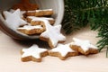 Cinnamon stars, traditional Christmas cookies in a ceramic bowl