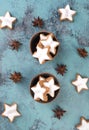 Cinnamon stars, traditional german christmas cookies, gingerbread, empty copy space Royalty Free Stock Photo