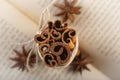 Cinnamon stick bundle and star anise on a book Royalty Free Stock Photo