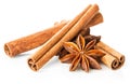 Cinnamon stick and star anise spice close-up isolated on white background. Royalty Free Stock Photo