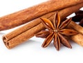 Cinnamon stick and star anise spice close-up isolated on white background. Royalty Free Stock Photo