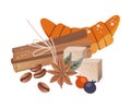 Cinnamon Stick, Sugar Cube, Roasted Coffee Beans and Berry Vector Composition