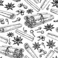 Cinnamon stick tied bunch, anise star and cloves. Vector seamless pattern drawing. Hand drawn sketch.