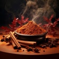 Cinnamon sticks, anise and powder in a bowl with smoke on dark background Royalty Free Stock Photo