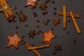 Cinnamon sticks and anise spice star, isolated on a black background close-up. View from above. Royalty Free Stock Photo