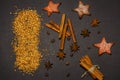 Cinnamon sticks and anise spice star, isolated on a black background close-up. View from above. Royalty Free Stock Photo