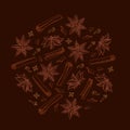 Cinnamon sticks, anise star and cloves. Seasonal food vector illustration on brown background. Hand drawn sketch o