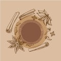 Cinnamon sticks, anise star and cloves. Vector drawing of aromatic spices set. Seasonal food illustration on brown