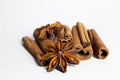 Cinnamon sticks and anise star isolated on white background close up. Royalty Free Stock Photo