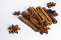 Cinnamon sticks and anise star isolated on white background close up. Royalty Free Stock Photo