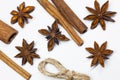 Cinnamon sticks and anise star isolated on white background close up. Royalty Free Stock Photo