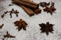 Cinnamon sticks and anise stars closeup on powdered sugar table. Cooking and baking background. Aromatic condiment and spices. Royalty Free Stock Photo