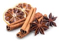 Cinnamon sticks, Anise stars, Dried citrus Lemon slice. Aromatic spices for Drink, cooking or baking. Royalty Free Stock Photo