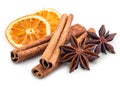 Cinnamon sticks, Anise stars, Dried citrus orange slice. Aromatic spices for Drink, cooking or baking. Royalty Free Stock Photo