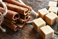 Cinnamon Sticks  and Brown Sugar Cubes Close Up Royalty Free Stock Photo
