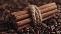 Cinnamon sticks bundle on coffee beans dark rustic background Royalty Free Stock Photo
