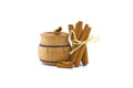 Cinnamon sticks bundle and a small wooden pot Royalty Free Stock Photo