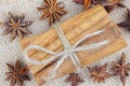 Cinnamon sticks on burlap. View from above. Royalty Free Stock Photo