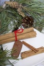 Cinnamon sticks and chocolate next to the pine twigs and cones. On a wooden box