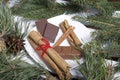 Cinnamon sticks and chocolate next to the pine twigs and cones. On a wooden box