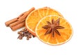 Cinnamon sticks cloves and orange slices. Christmas spices decoration on white Royalty Free Stock Photo