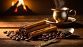 cinnamon sticks coffee beans and spoon on wooden table closeup macro shot , copy space for text Royalty Free Stock Photo