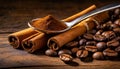 cinnamon sticks coffee beans and spoon on wooden table closeup macro shot , copy space for text Royalty Free Stock Photo