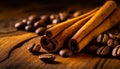 cinnamon sticks coffee beans and spoon on wooden table closeup macro shot , copy space for text Royalty Free Stock Photo