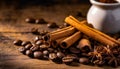 cinnamon sticks coffee beans and spoon on wooden table closeup macro shot , copy space for text Royalty Free Stock Photo