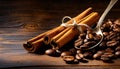 cinnamon sticks coffee beans and spoon on wooden table closeup macro shot , copy space for text Royalty Free Stock Photo