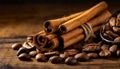 cinnamon sticks coffee beans and spoon on wooden table closeup macro shot , copy space for text Royalty Free Stock Photo