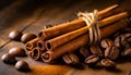 cinnamon sticks coffee beans and spoon on wooden table closeup macro shot , copy space for text Royalty Free Stock Photo