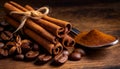 cinnamon sticks coffee beans and spoon on wooden table closeup macro shot , copy space for text Royalty Free Stock Photo