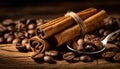 cinnamon sticks coffee beans and spoon on wooden table closeup macro shot , copy space for text Royalty Free Stock Photo