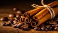 cinnamon sticks coffee beans and spoon on wooden table closeup macro shot , copy space for text Royalty Free Stock Photo