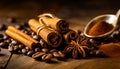 cinnamon sticks coffee beans and spoon on wooden table closeup macro shot , copy space for text Royalty Free Stock Photo