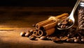 cinnamon sticks coffee beans and spoon on wooden table closeup macro shot , copy space for text Royalty Free Stock Photo