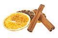 Cinnamon sticks and dried orange and lemon slices on white background Royalty Free Stock Photo