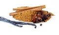 Cinnamon sticks, ground cinnamon, vanilla pods and a star anise Royalty Free Stock Photo